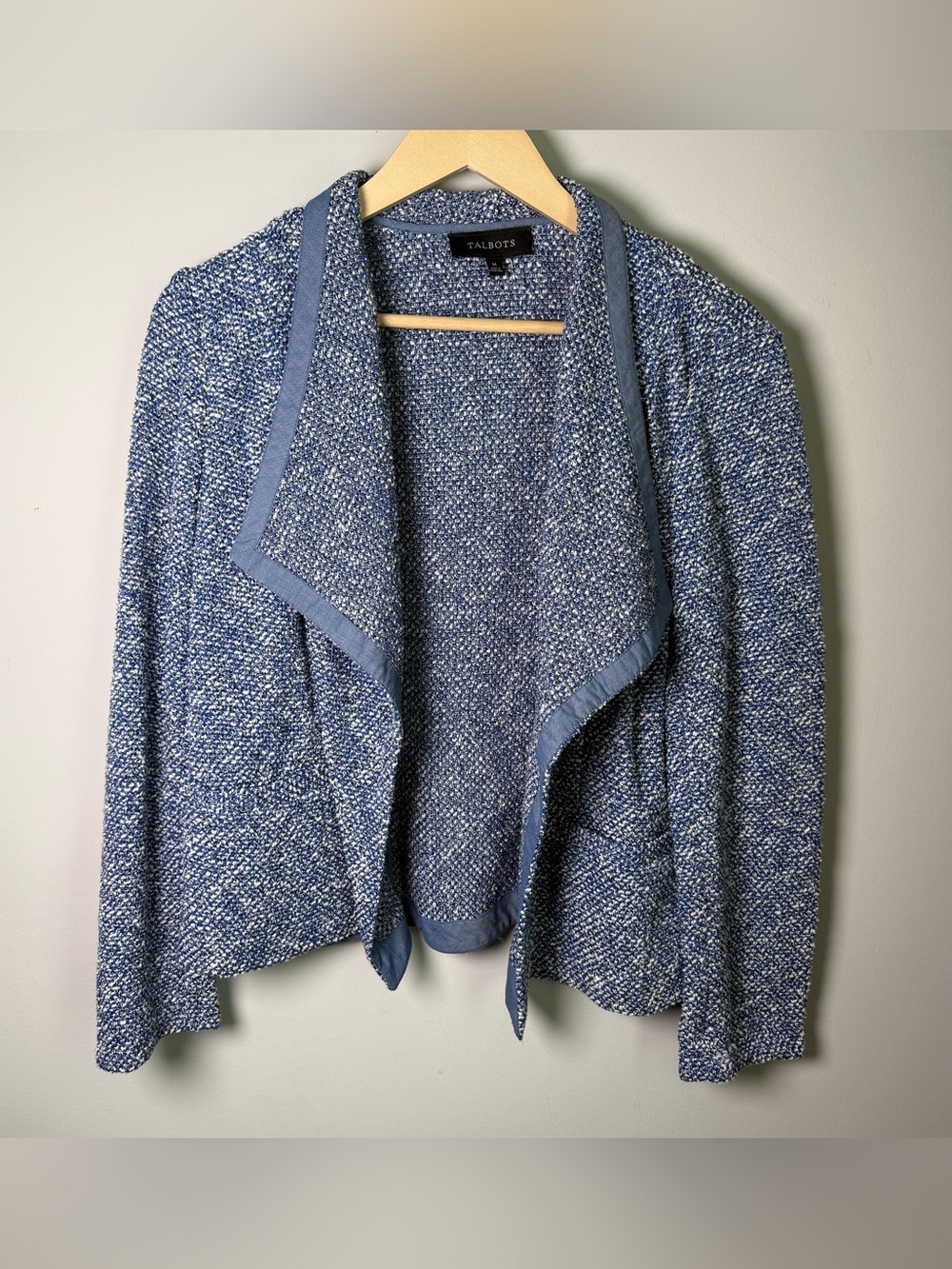Talbots Blue Boucle Tweed Draped Open Front Jacket | M | Quiet Luxury Coastal